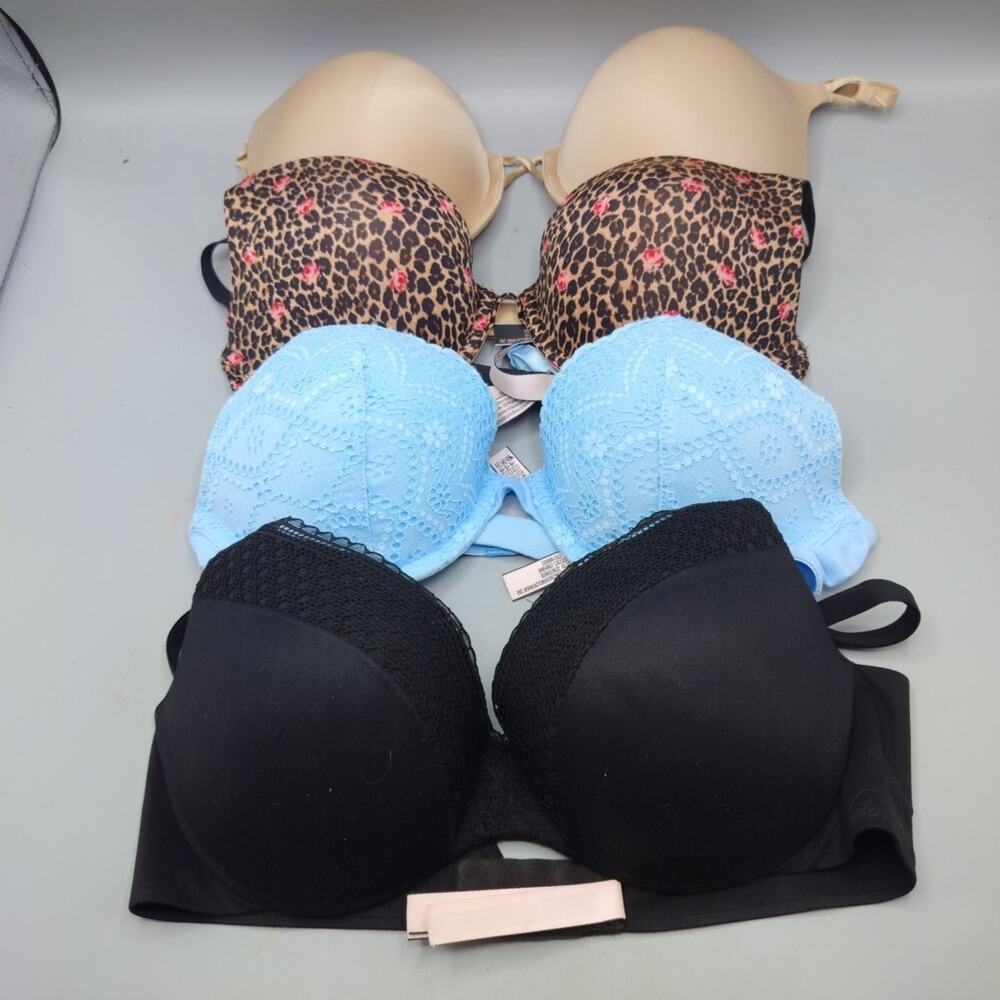 Victoria's Secret Lot of 4 Bras 34C Push Up Black Tan Blue Lacey Leopard